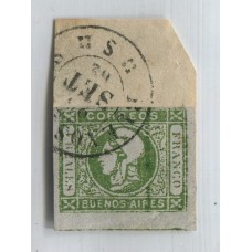 ARGENTINA 1859 GJ 16A CABECITA DE COLOR VERDE OLIVA EN FRAGMENTO CON MATASELLO 26/9/1862 CON BONITA VARIEDAD DE IMPRESIÓN U$ 165